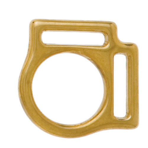Fecho metálico dourado com forma circular e encaixes retangulares