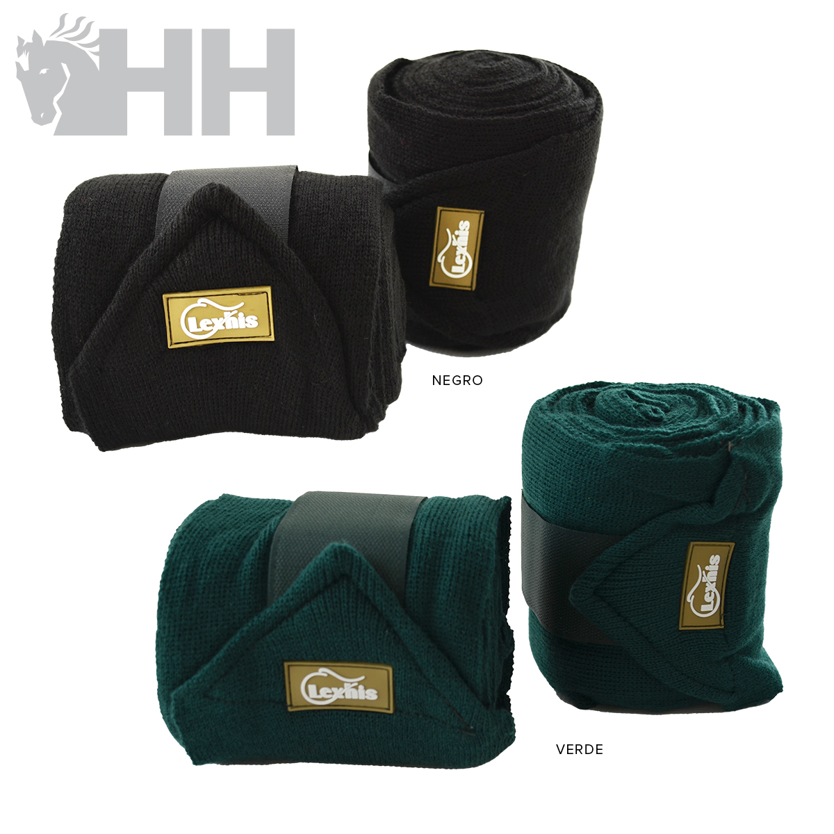 Bandagens para cavalo Leyris em tecido negro e verde com etiqueta dourada