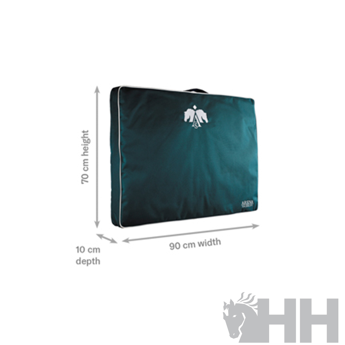 Mala de transporte azul escuro com logótipo de águia branca e medidas indicadas