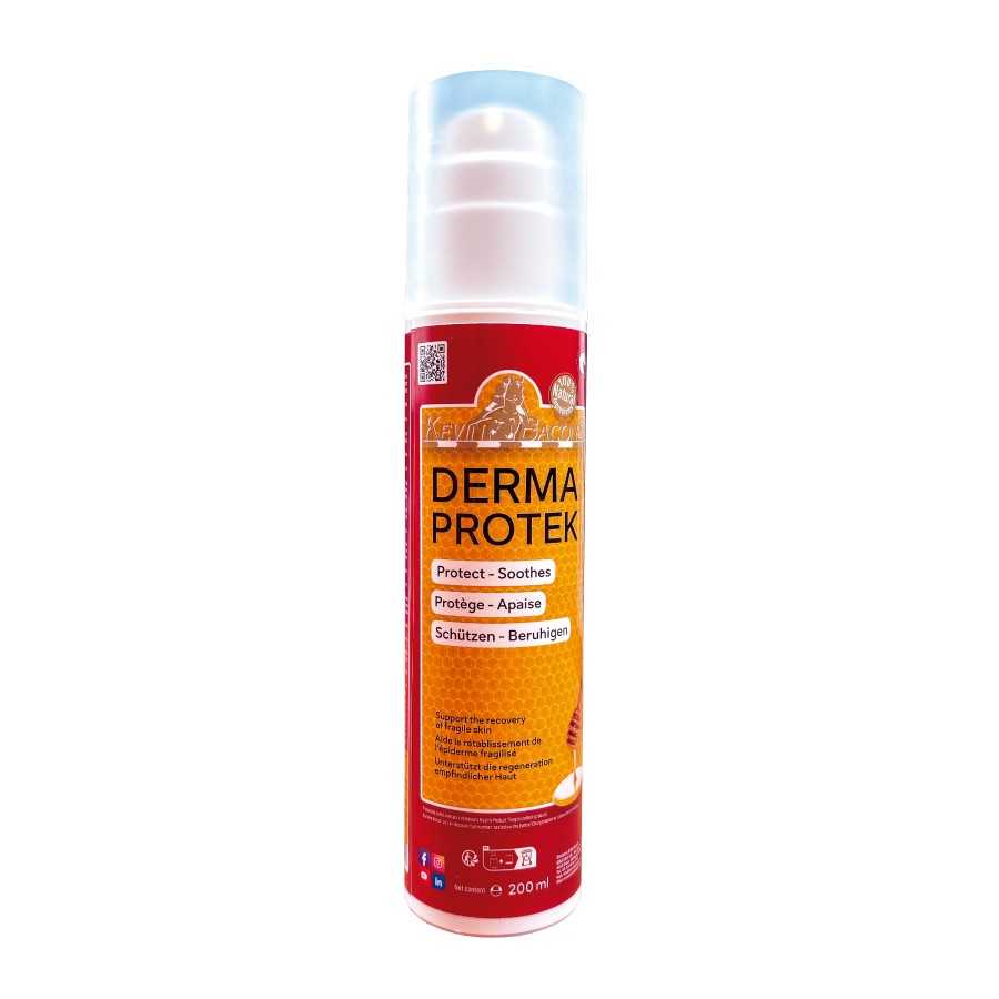 Frasco de Derma Protek com tampa transparente e rótulo vermelho e amarelo
