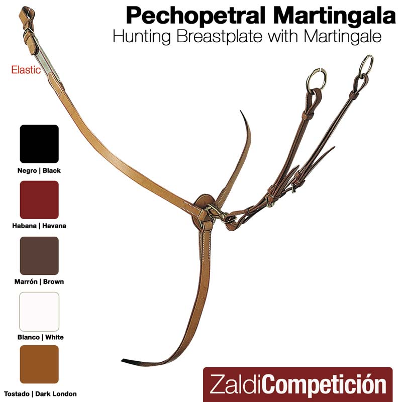 Peitoral de caça em couro castanho com martingale e opções de cores