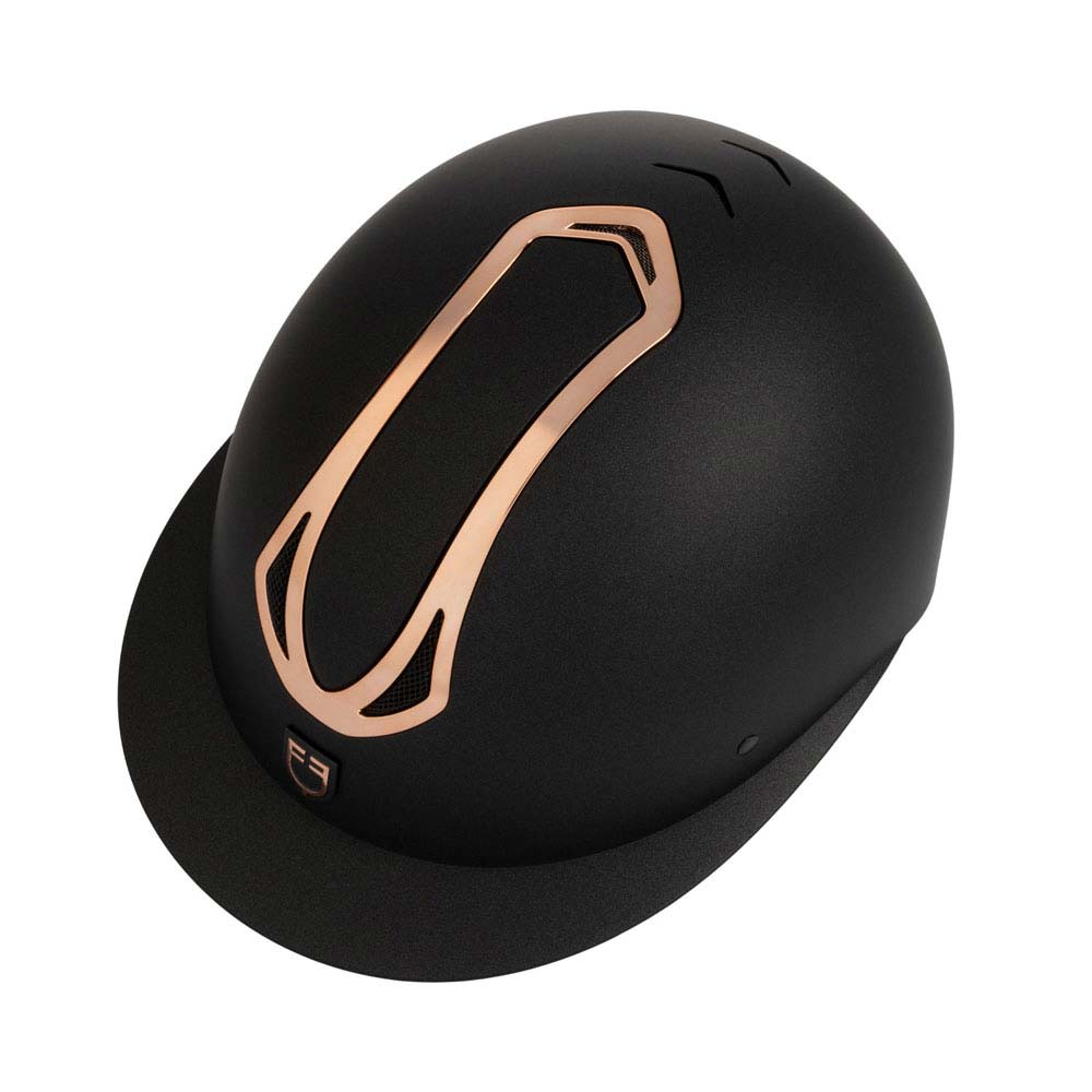 Capacete de equitação preto com detalhe metálico cor de bronze