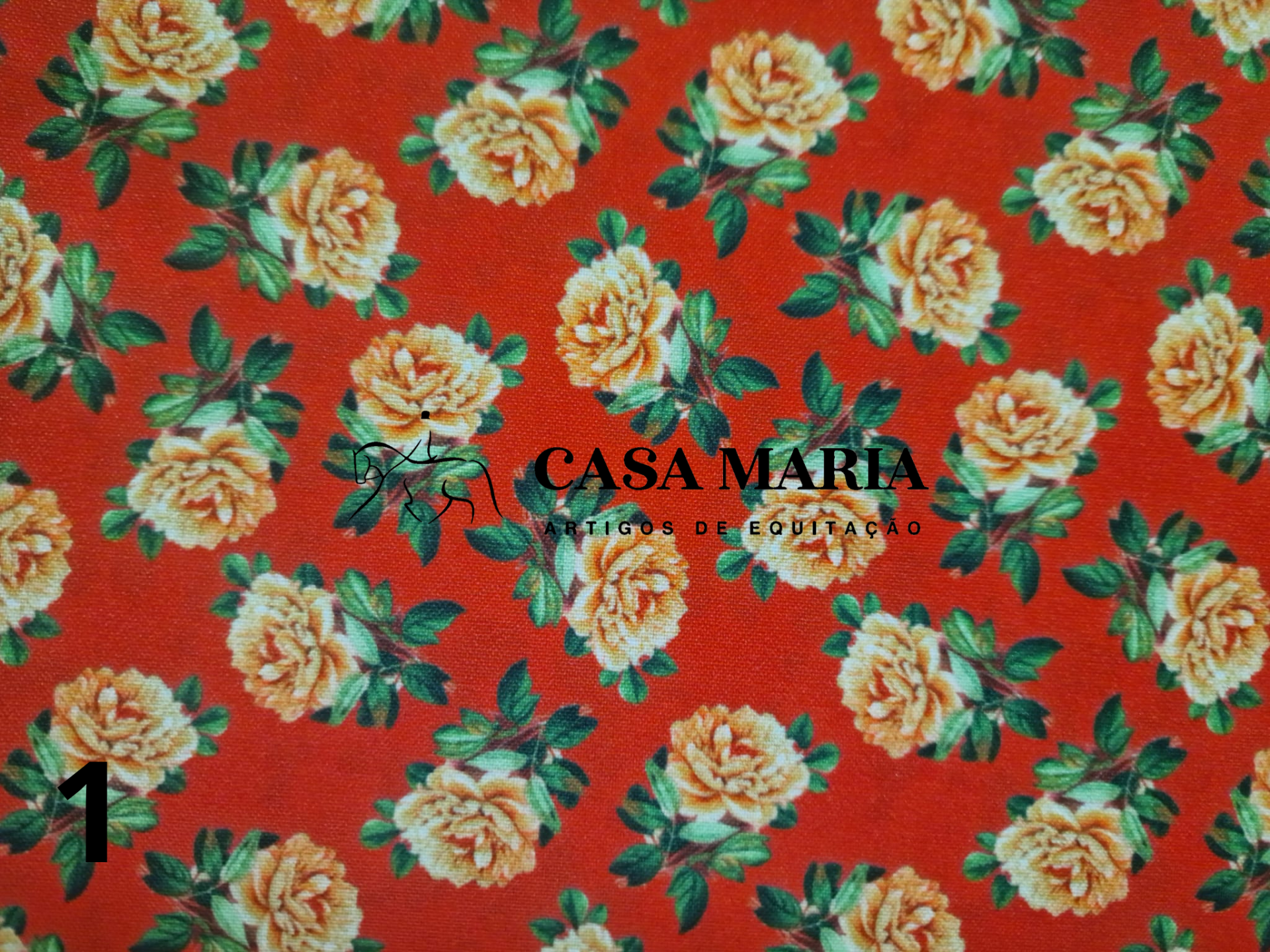 Estampa floral com flores amarelas em fundo vermelho, texto CASA MARIA TECIDOS DE EQUITAÇÃO