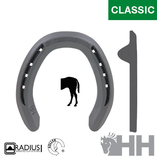 Ferradura cinzenta para cavalo com peça vertical cinzenta e logótipos em fundo branco