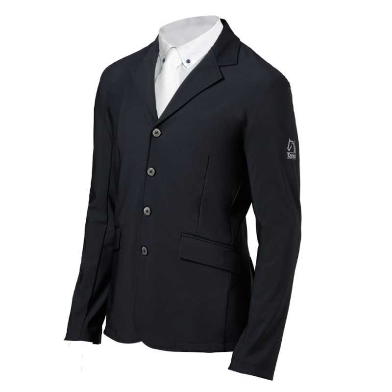 Blazer preto masculino com botões e logo Xentis na manga