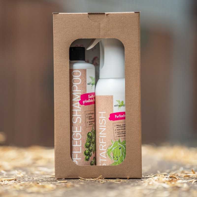 Caixa com shampoo e spray para cuidados com cavalo