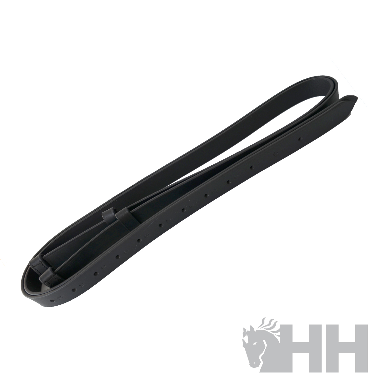 Correia preta para sela com várias perfurações e logo HH cinzento