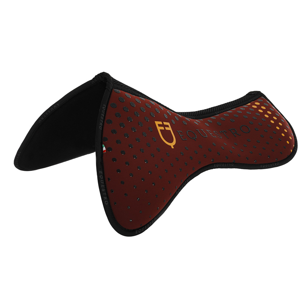 Manta de sela de cavalo castanha com pontos negros e amarelos e logótipo EQUESTRO