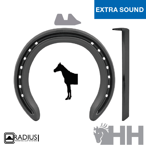 Ferradura preta com cravelha, texto e logotipos em fundo branco