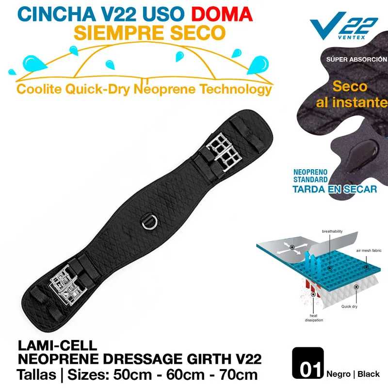 Cincha dressage V22 em neoprene preto com fechos metálicos e textos técnicos de absorção e secagem.