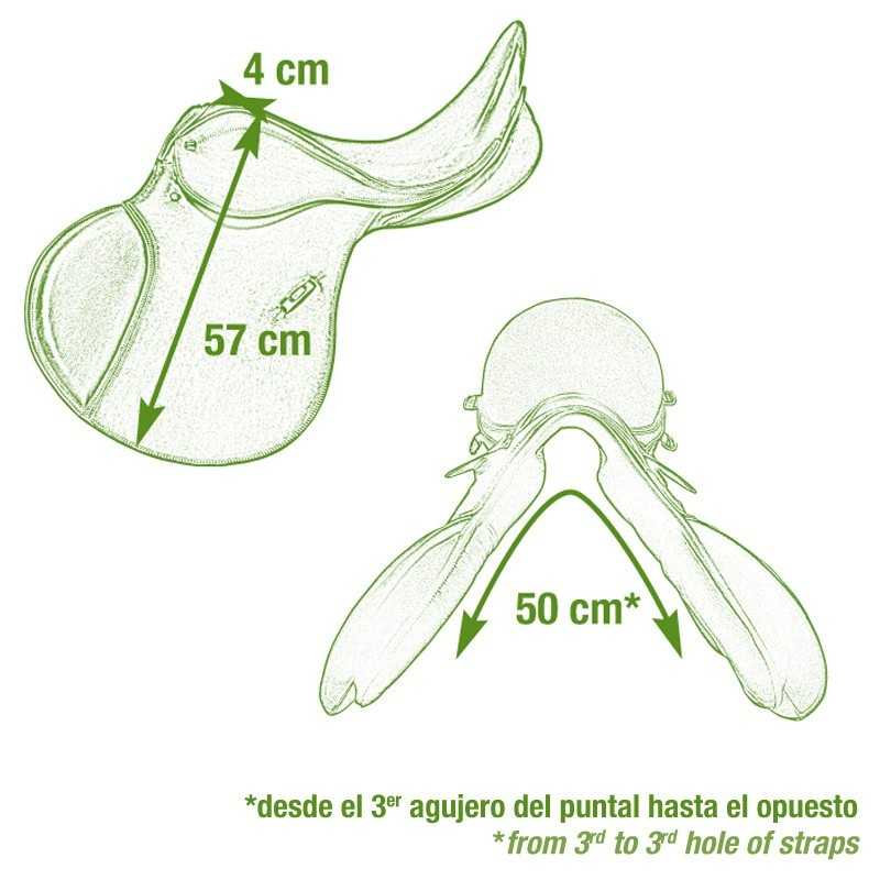 Desenho técnico de uma sela de equitação com medidas em centímetros e texto bilíngue