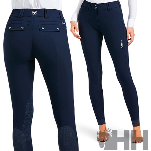 Calças de equitação femininas azuis escuro com bolsos e logotipo AURAT