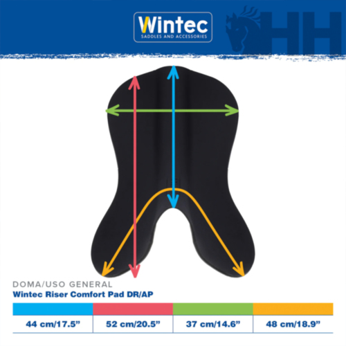 Pad de conforto preto Wintec Riser Comfort Pad com medições e texto da marca