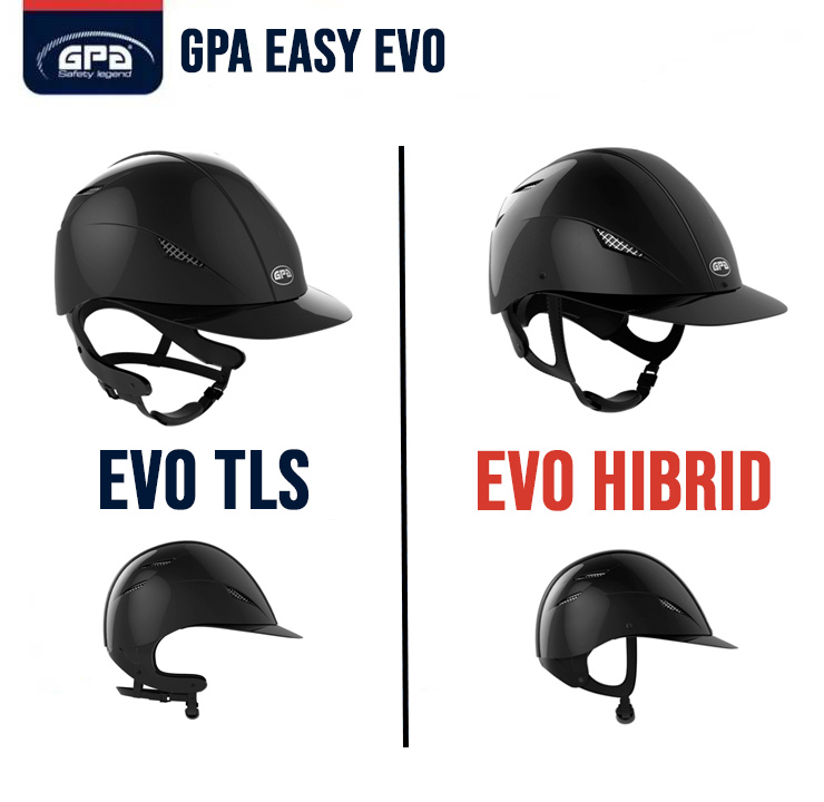 Dois capacetes pretos GPA Easy Evo em fundo branco com texto distintas