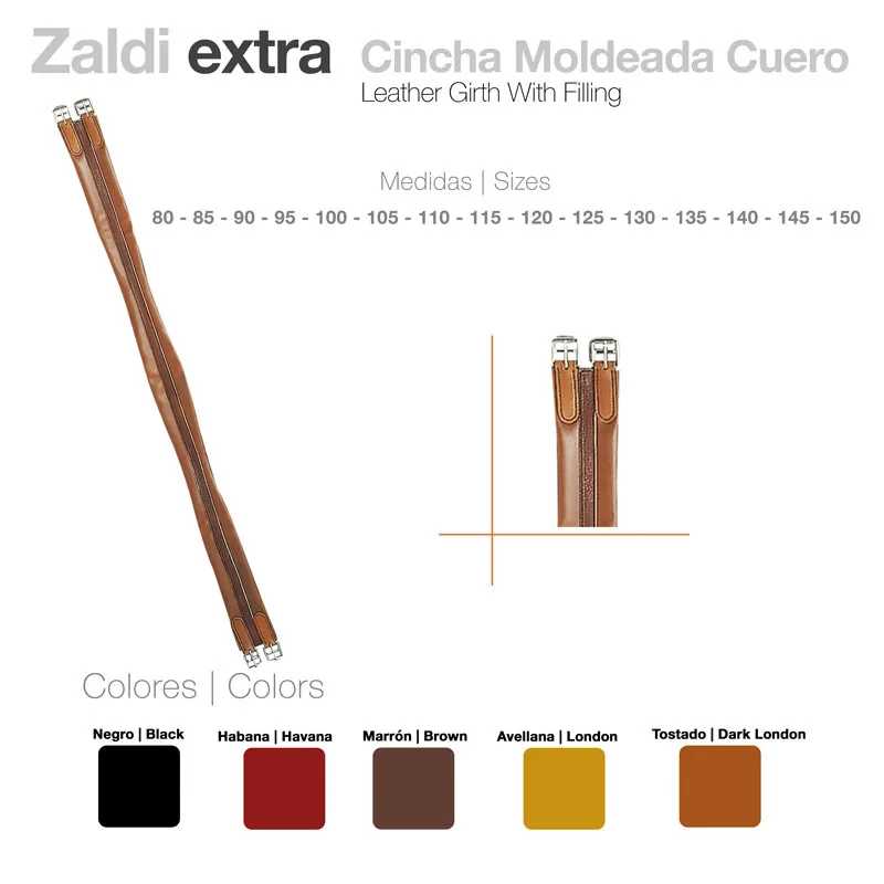 Cincha moldada de couro Zaldi extra com fivelas metálicas prateadas em várias cores e tamanhos.