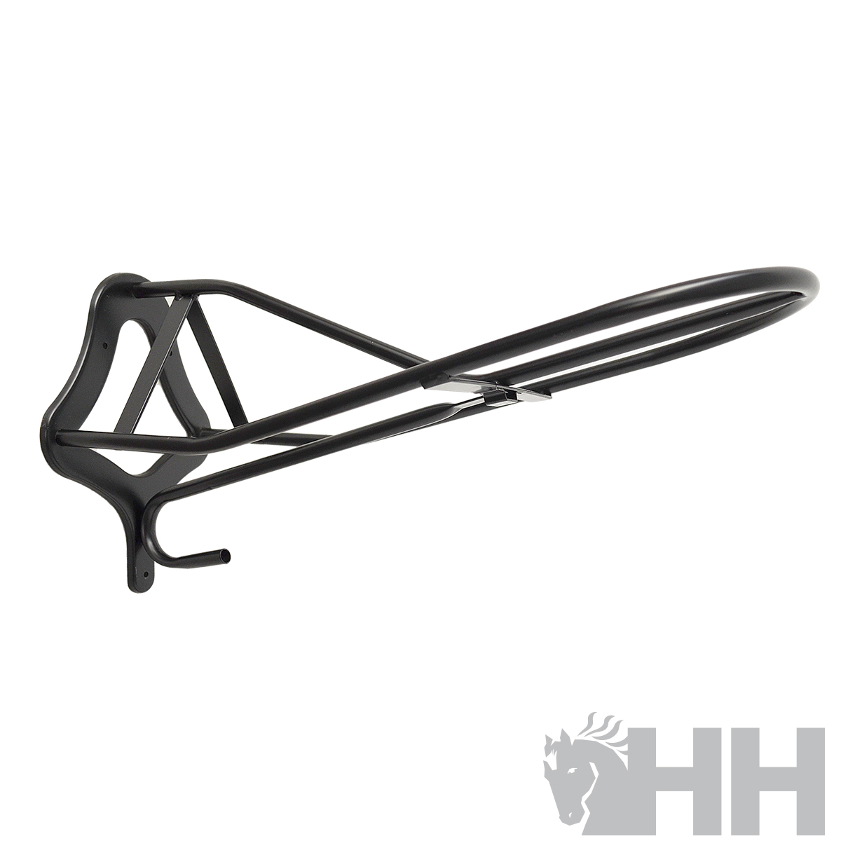 Suporte de parede metálico preto com gancho e logotipo HH cinzento no canto