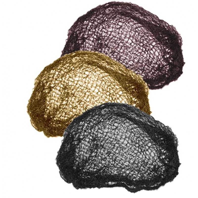 Três redes elásticas para cabelo em cores preta, dourada e roxa