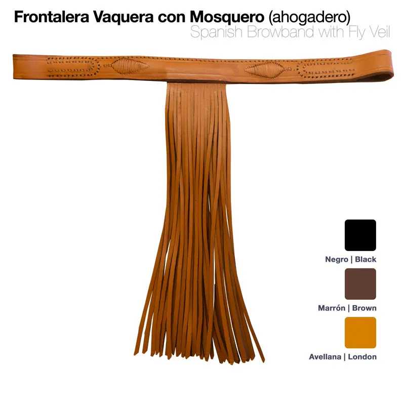 Frontaleira vaqueira em couro castanho com franjas longas e detalhes perfurados