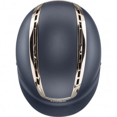 Capacete de equitação azul escuro com detalhes dourados e a marca uvex