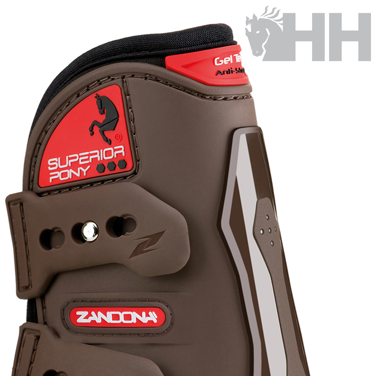 Botas de proteção equina castanhas com detalhes vermelhos e texto visível