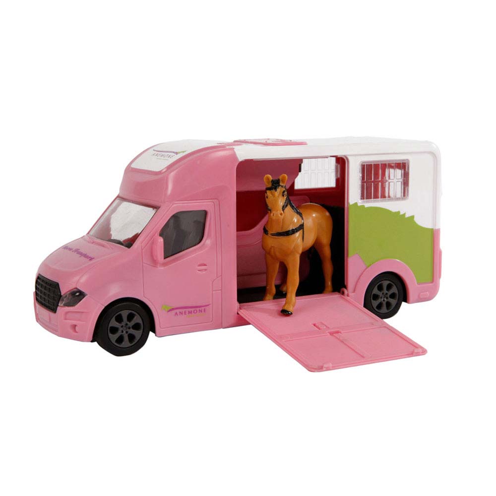 Camião de transporte de brinquedo rosa e branco com figura de cavalo castanho