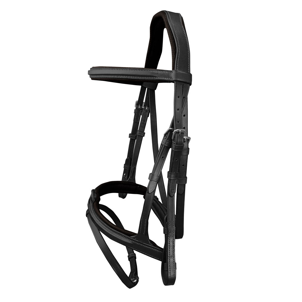 Bridão de pele preta para cavalo com fivela prateada e costuras brancas