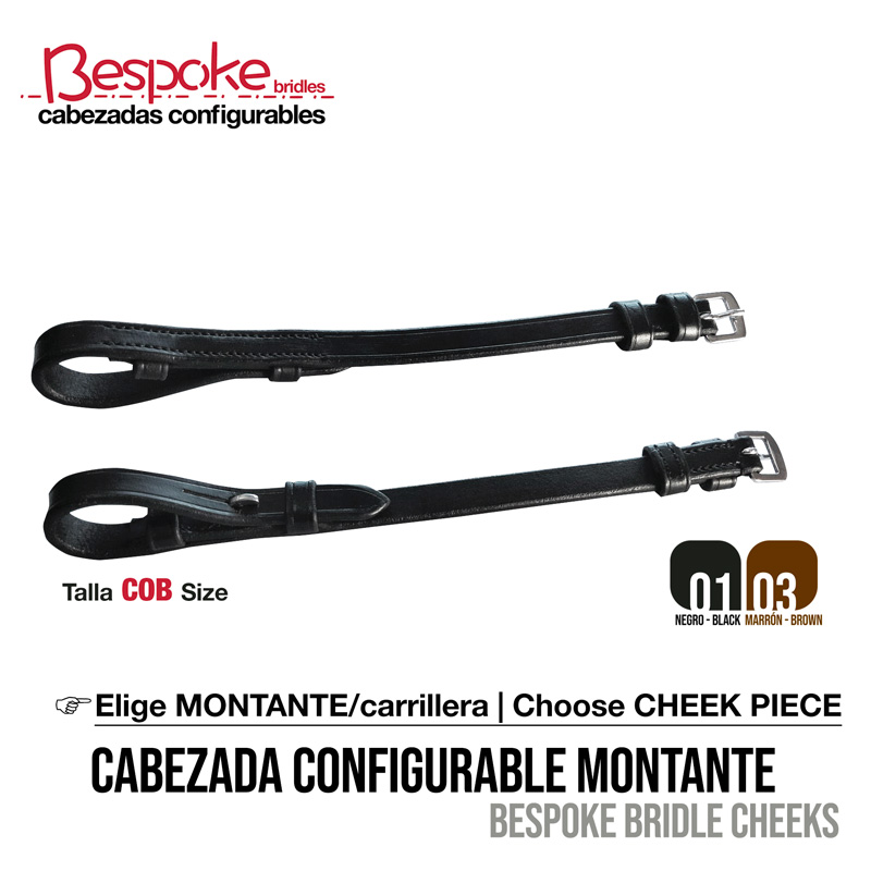 Peças de cabeçada configurável para cavalos em couro preto com fivelas metálicas e texto promocional da marca Bespoke Bridles