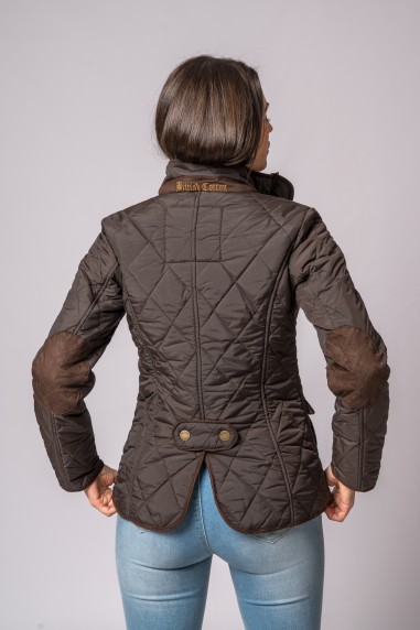 Casaco feminino acolchoado castanho-escuro com cotoveleiras e bordado no colarinho