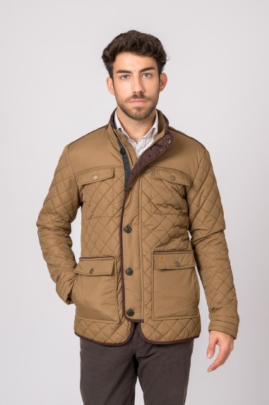 Casaco acolchoado castanho masculino com bolsos e botões