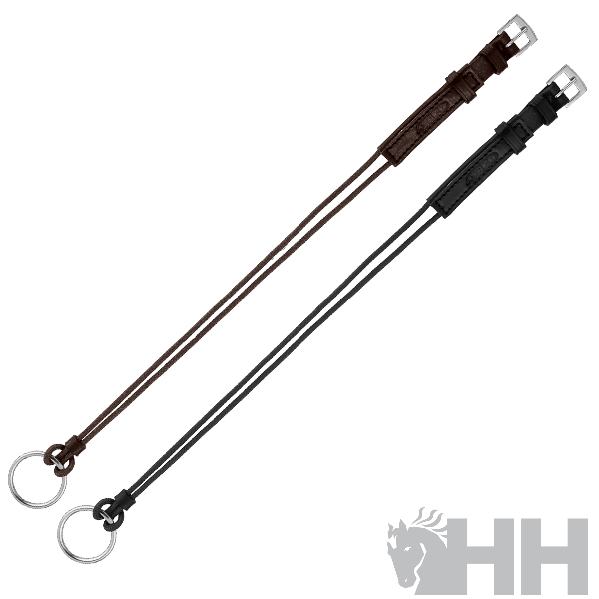 Dois porta-chaves de couro castanho e preto com argolas metálicas e fivelas prateadas