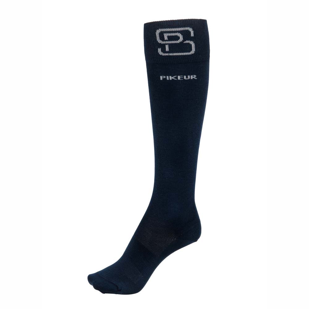 Meia alta azul escuro com texto PIKEUR e logo G S cinzento na parte superior