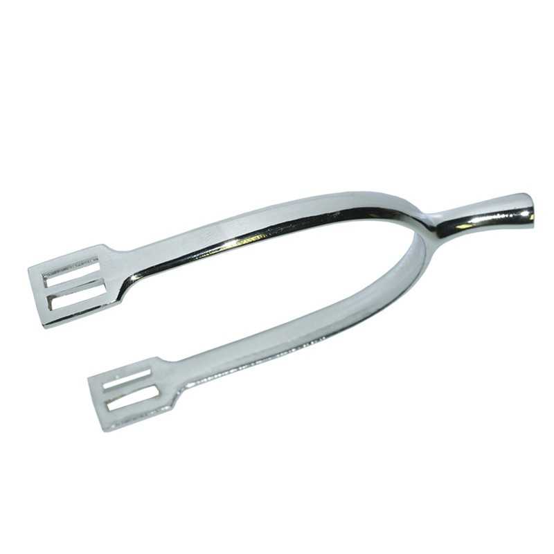 Esporão metálico prateado para equitação com duas aberturas retangulares