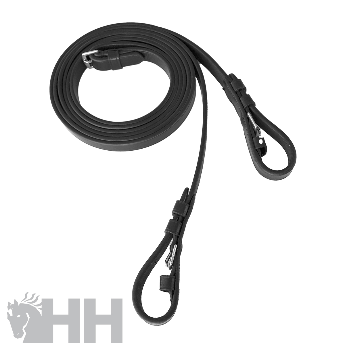 Coleira ou trela preta para animais com fivelas metálicas em fundo branco