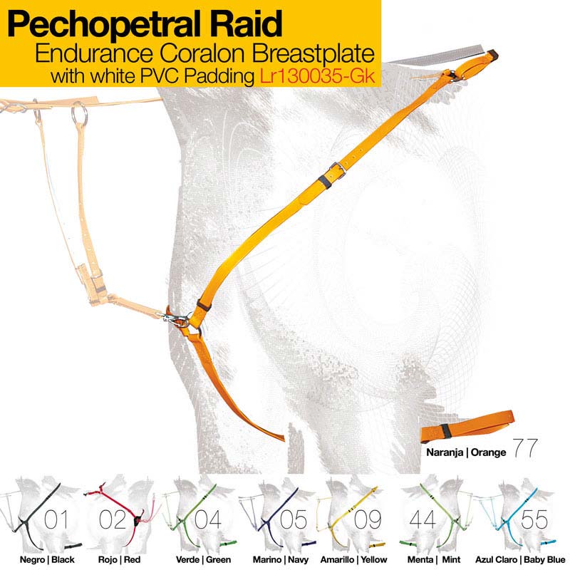 Pechopetral laranja para cavalo com acolchoamento branco e opções de cores e números