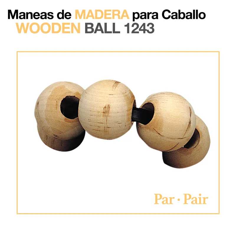 Maneas de madeira para cavalo com três bolas ligadas por correia preta