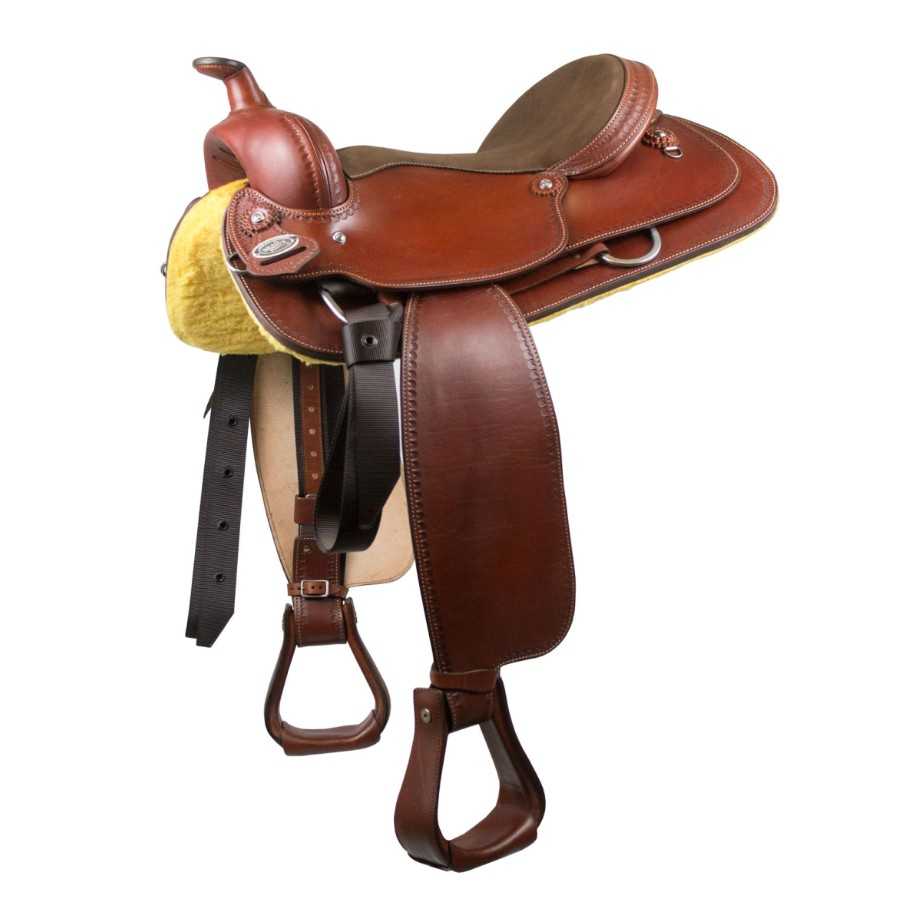 Sela de cavalo de couro castanho com estribos e almofada amarela