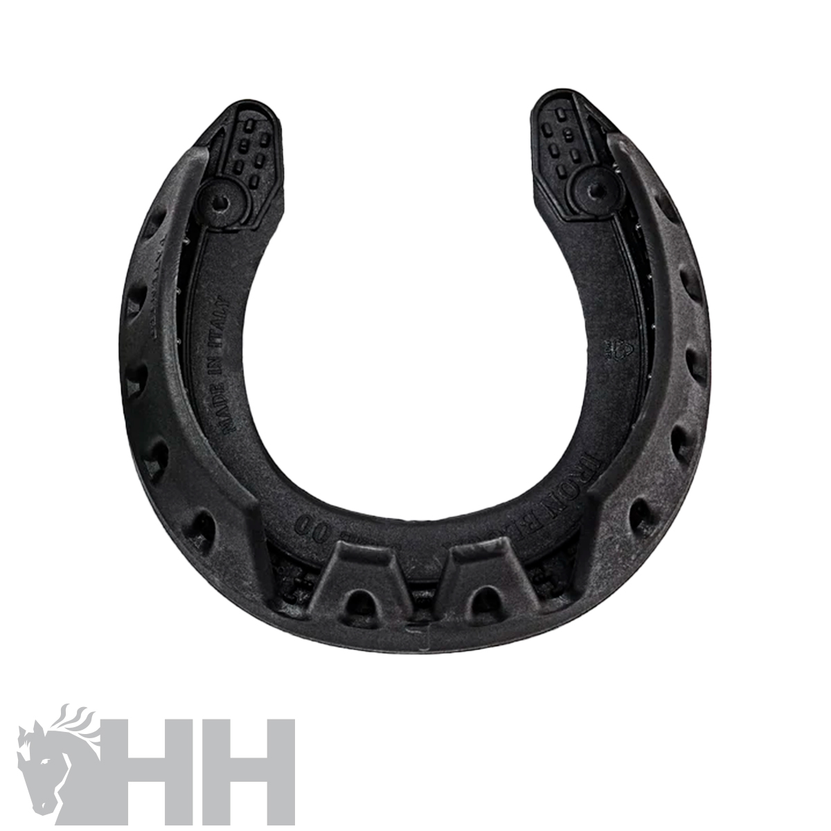 Ferradura preta sintética para cavalo com perfurações, fundo branco e logótipo HH