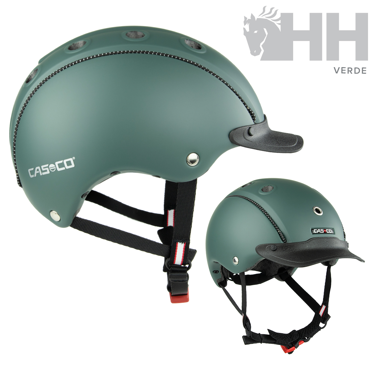 Capacete de equitação verde fosco com viseira preta e tiras ajustáveis