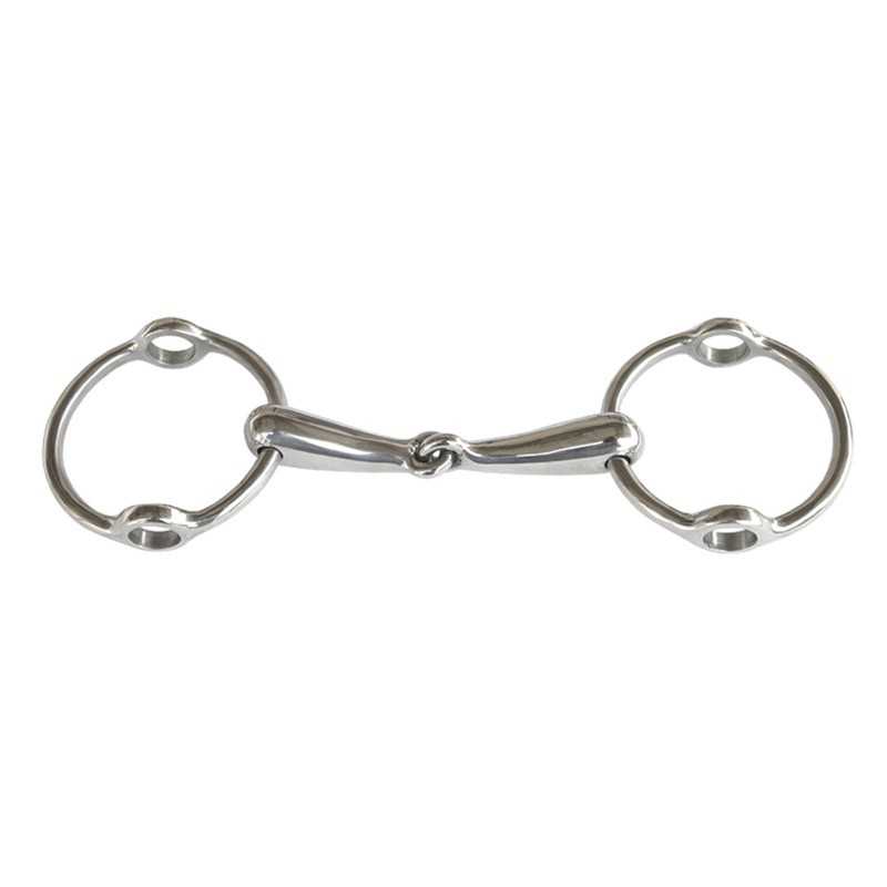 Freio metálico prateado para cavalo com argolas ovais e peça central móvel