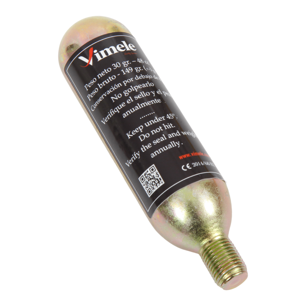 Cartucho metálico com rótulo preto e texto em várias línguas