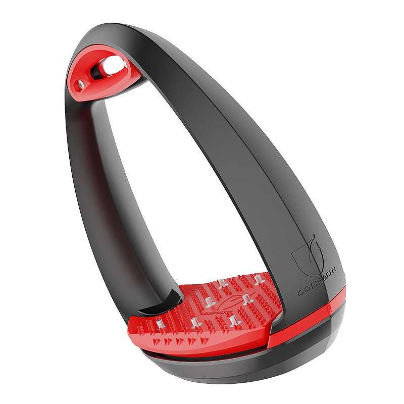 Estribo de equitação em metal preto com base vermelha texturizada