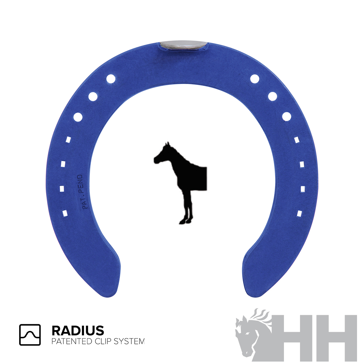 Ferradura azul com orifícios e texto RADIUS e PATENTED CLIP SYSTEM ao lado de logotipo HH com cabeça de cavalo