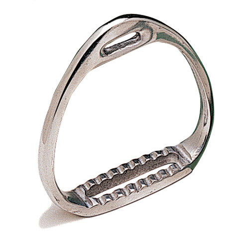 Estribo metálico prateado para equitação com textura dentada na base