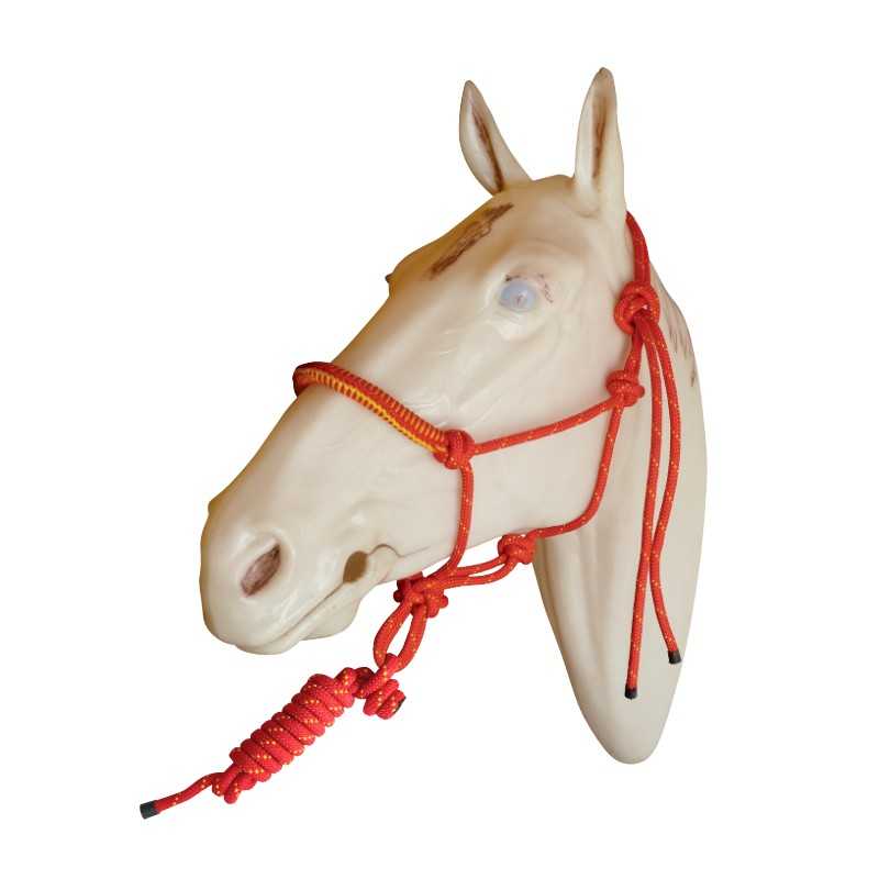 Cabeça de cavalo decorativa branca com cabresto vermelho de corda