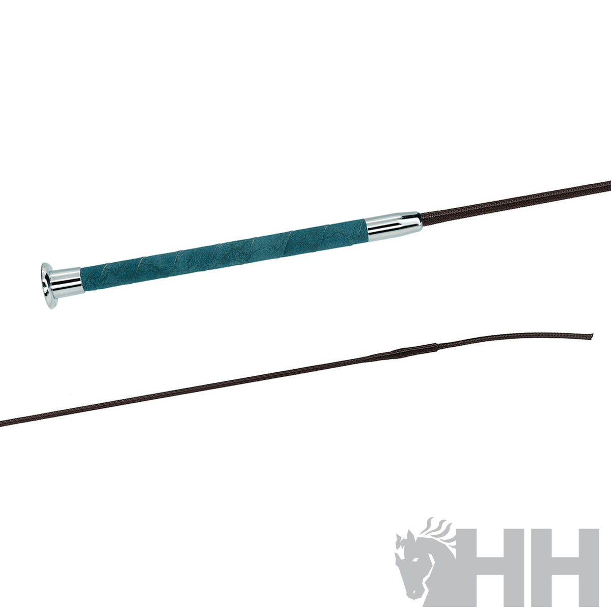 Cabo azul turquesa com acabamento metálico prateado e vara fina castanha sobre fundo branco