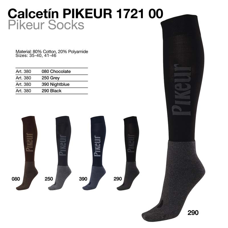 Meias altas PIKEUR em várias cores com texto Pikeur na lateral e tamanhos indicados