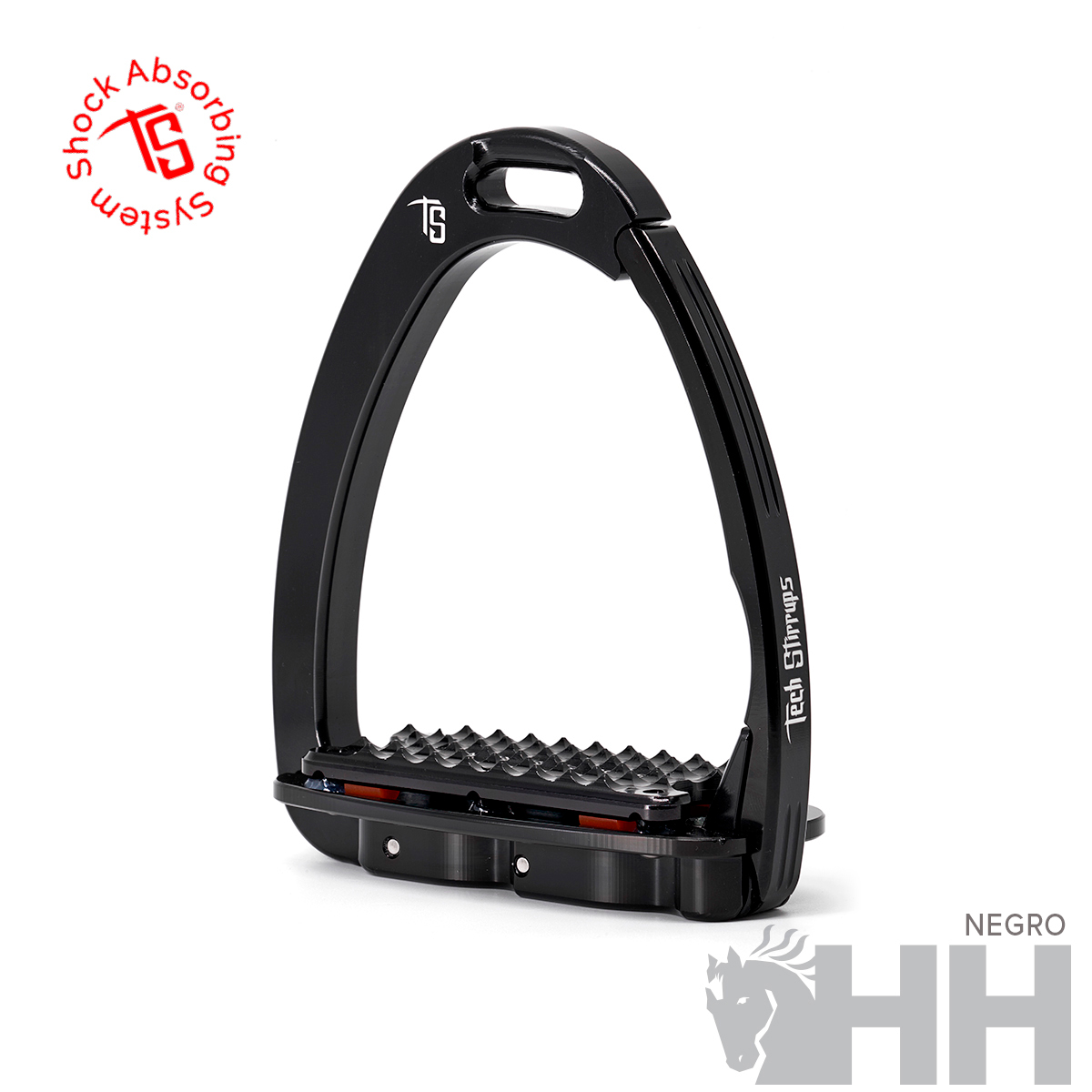 Estribo equestre preto com textura antiderrapante e texto Tech Stirrups