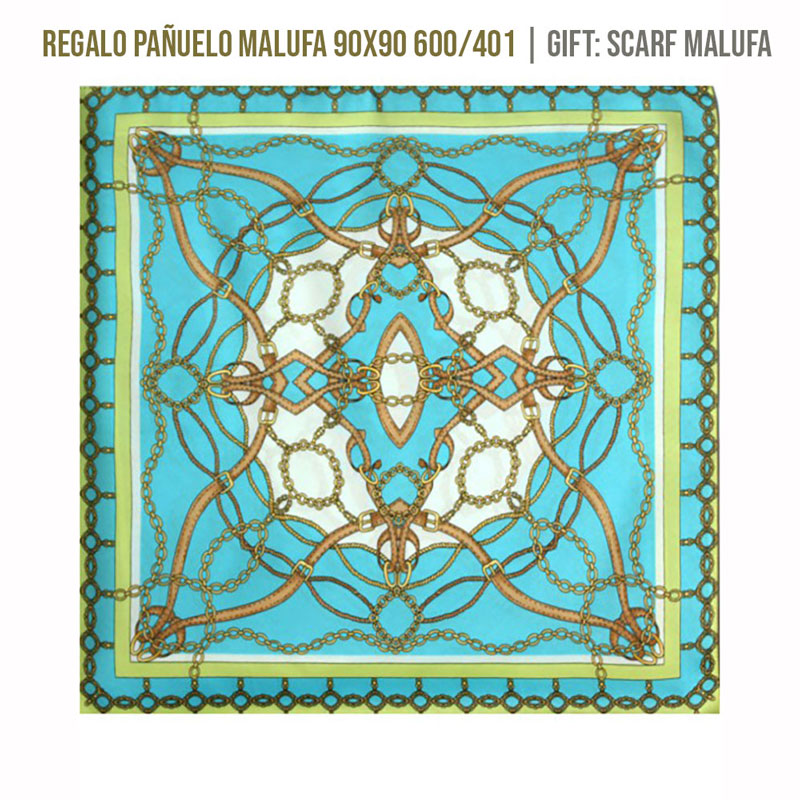 Lenço quadrado azul turquesa com padrão de correntes douradas entrelaçadas