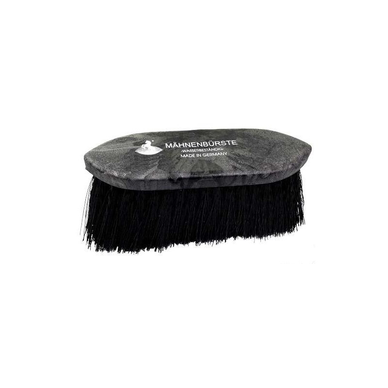 Escova preta para crina com texto em branco no topo.