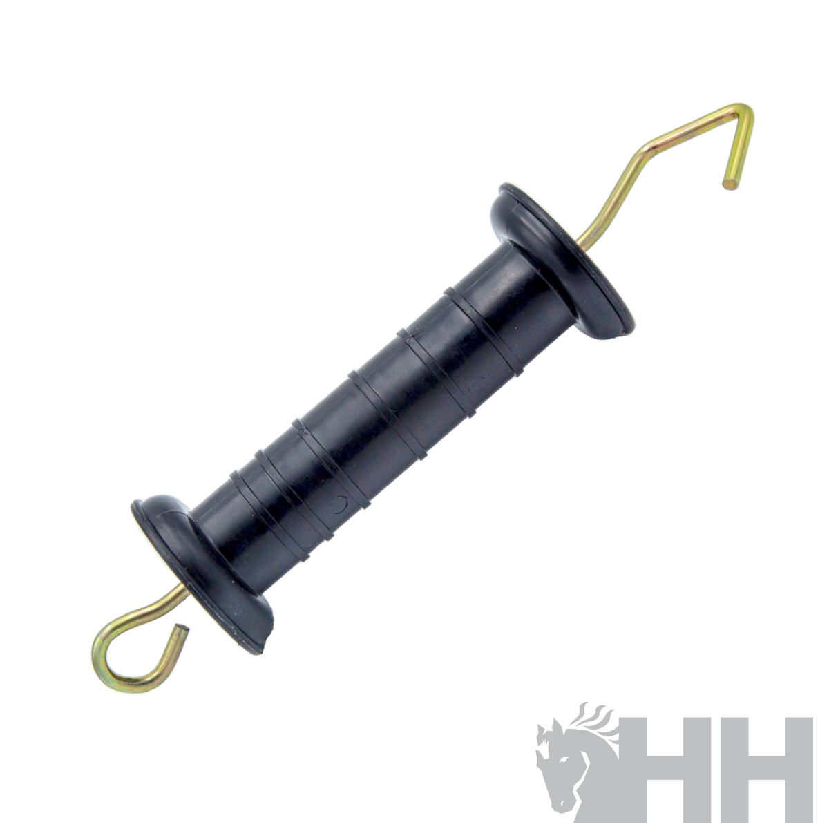 Empunhadura preta de borracha com ganchos metálicos dourados